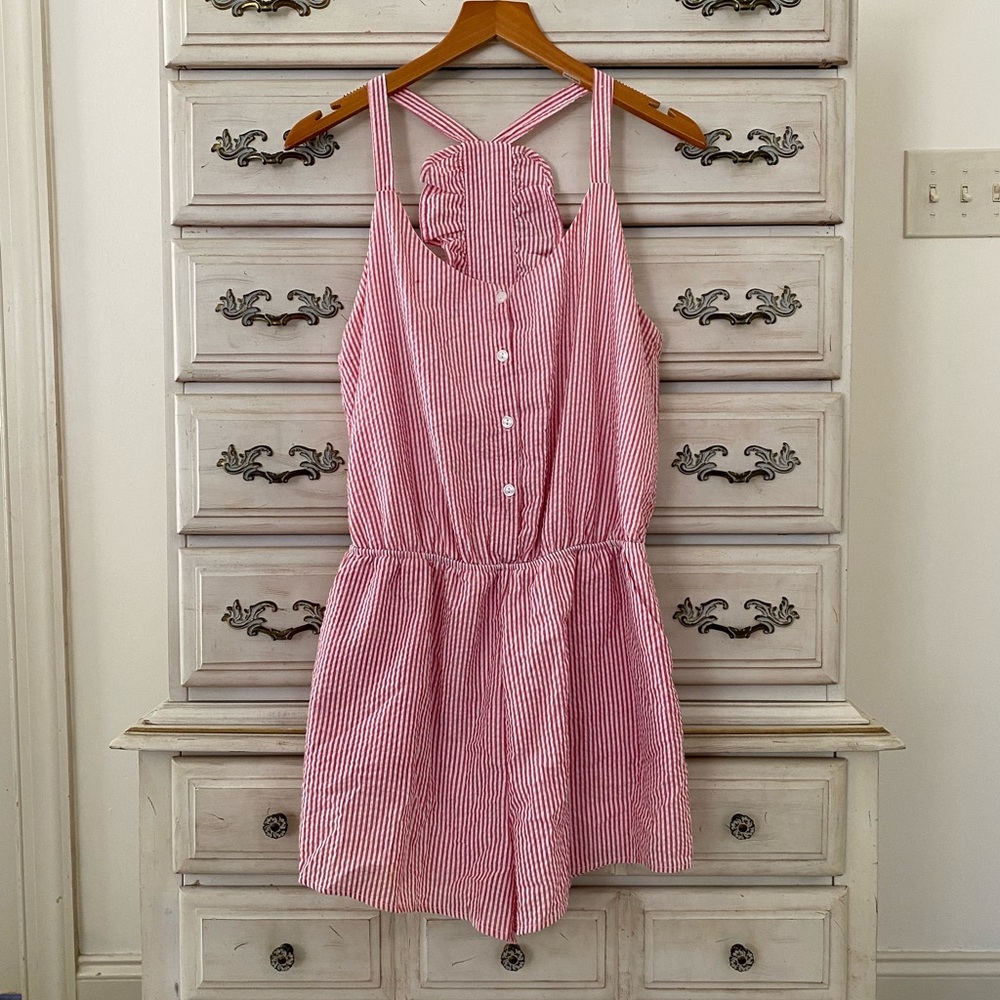 Vici Red Stripe Seersucker Pocketed Romper
